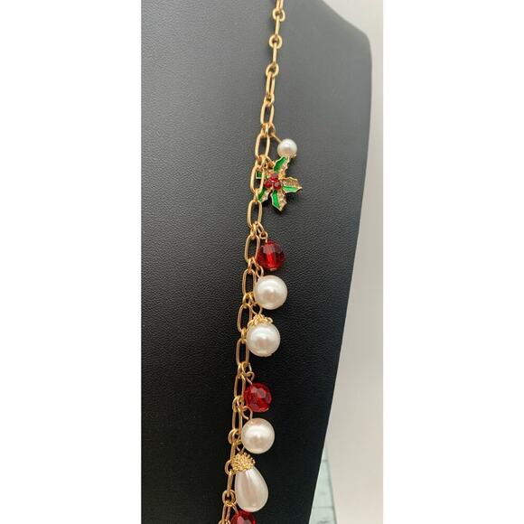 Gold Tone Paper Clip Chain Faux Pearls Red Beads & Christmas Poinsettia Necklace - Picture 2 of 6